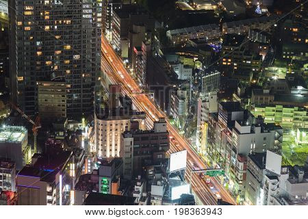 Night aerial view Tokyo city downtown aerial view Japan