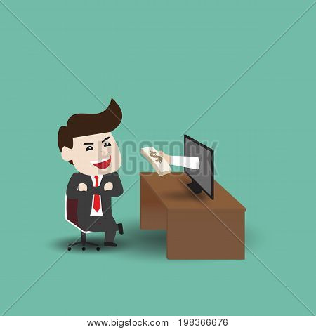 Businessman get money from monitor, business concept, vector illustration