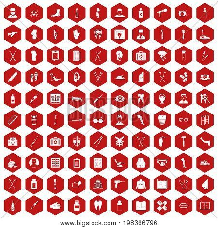 100 medical care icons set in red hexagon isolated vector illustration