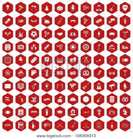 100 meeting icons set in red hexagon isolated vector illustration