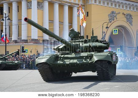 ST PETERSBURG, RUSSIA - MAY 09, 2017: The main Russian tank T-72B3 close-up. Military parade in honor of the Victory Day