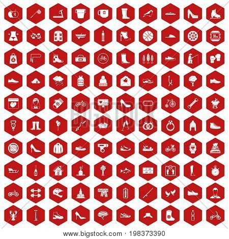 100 shoe icons set in red hexagon isolated vector illustration