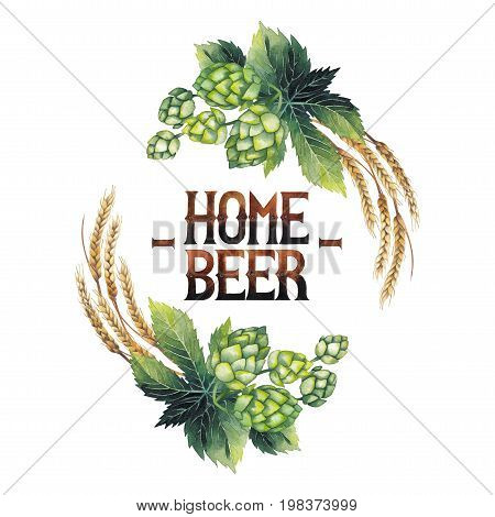Vintage vignette made of hops and malts isolated on white background. Hand painted watercolor design