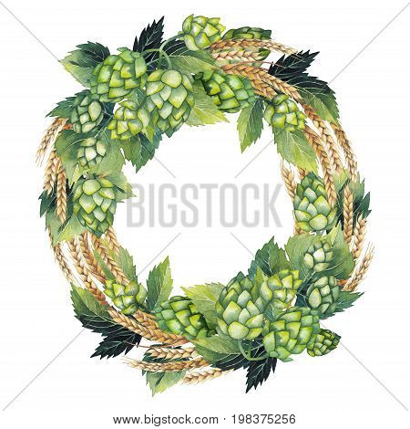 Vintage wreath made of hops and malts isolated on white background. Hand painted watercolor design