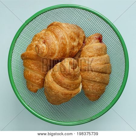Breakfast. Croissants closeup morning bakery products France