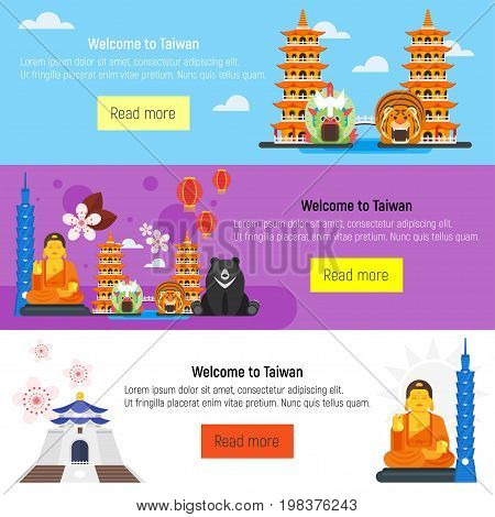 Vector flat style set of Welcome to Taiwan template for web banner or poster for tourist. Taiwan cultural symbols.