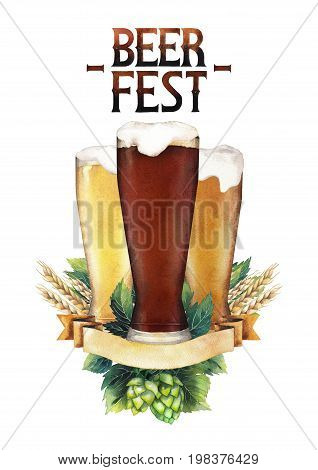Three watercolor glasses of different kinds of beer decorated with ribbon, malts and hops. Hand painted alcoholic beverages isolated on white background