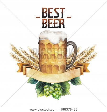 Watercolor pint of dark beer decorated with ribbon, malts and hops. Hand painted alcoholic beverage isolated on white background