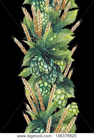 Watercolor hops and malts. Hand painted seamless border