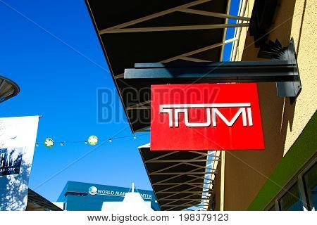 LAS VEGAS, NEVADA - October 11, 2016: Tumi Logo On Store Front Sign in the famous Premium outlet North at Las Vegas,NV.