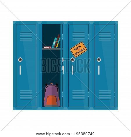 Welcome back to school illustration. Flat vector kids clipart with cupboard with books and backpack. School locker educational design Colorful interior