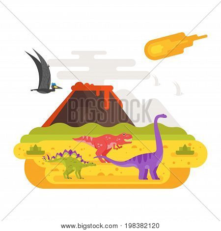 Vector flat style illustration of prehistoric landscape mountains and volcano with dinosaurs. Meteorite flying in the sky. Isolated on white background.