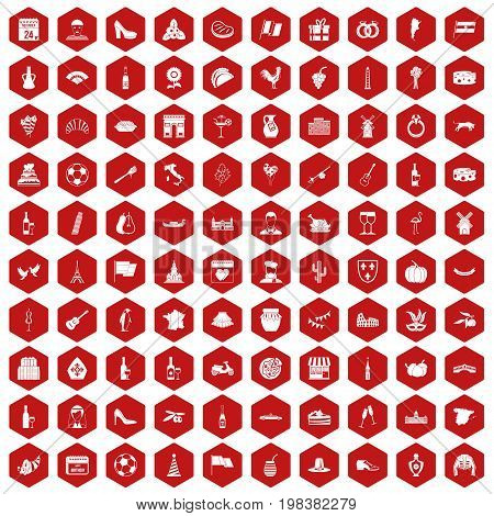 100 wine icons set in red hexagon isolated vector illustration