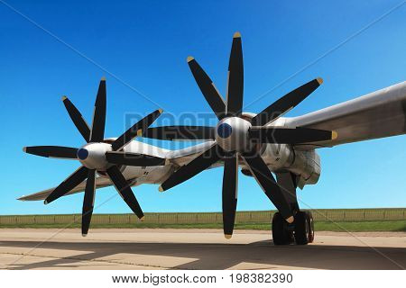 The Russian military jet strategic bomber Tupolev Tu-95. Turboprop engines.
