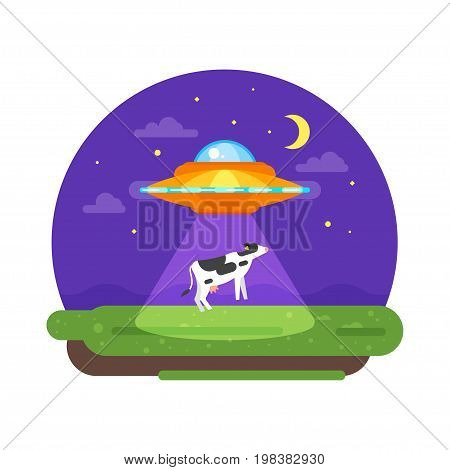 Vector flat style illustration of alien ship truing to abduct a cow at night. Isolated on white background.