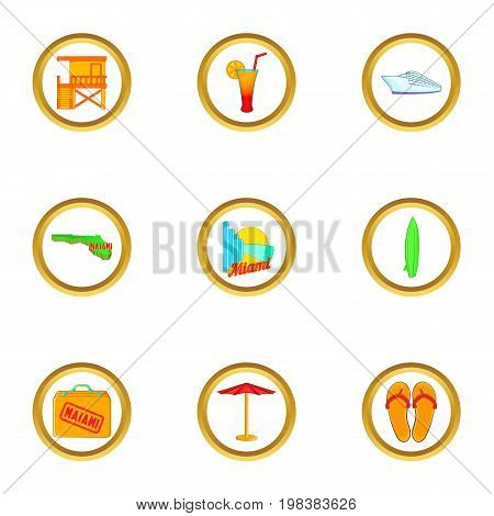 Beach holiday in Miami icons set. Cartoon set of 9 beach holiday in Miami vector icons for web isolated on white background