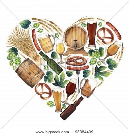 Watercolor beer colllection combined in the heart shape. Hand painted oktoberfest design elements isolated on white background