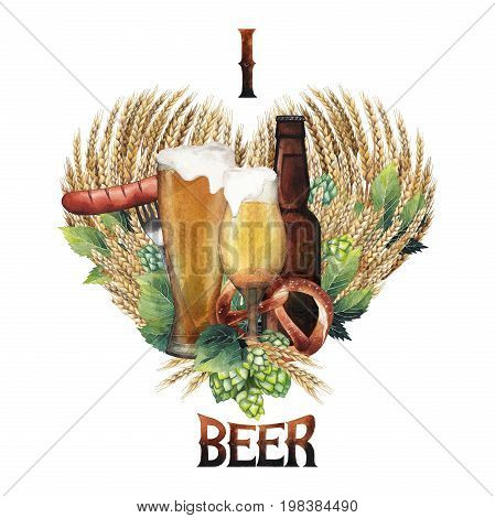 Watercolor beer colllection combined in the heart shape. Hand painted oktoberfest design elements isolated on white background