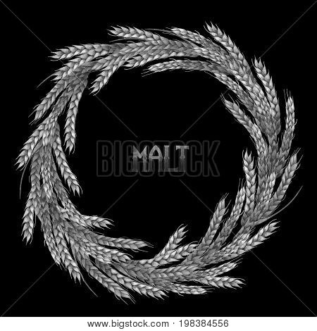 Watercolor malt wreath isolated on black background. Hand painted design with cereals