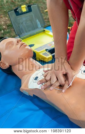 Defibrillatior On Cpr Doll, Color Image, Selective Fous, Close Up