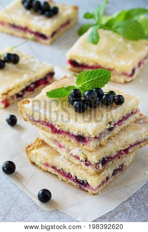 Homemade Cookies With Black Currant Berries On A Gray Stone Or Slate Background. Summer Pastries.