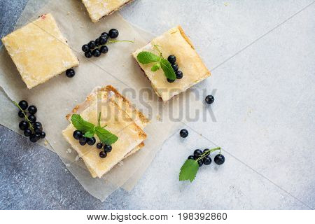 Homemade Cookies With Black Currant Berries On A Gray Stone Or Slate Background. Summer Pastries. To