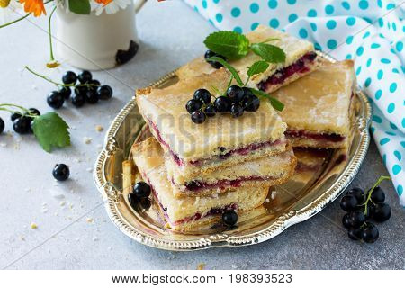 Homemade Baking. Cookies With Black Currant Jam On A Gray Stone Or Slate Background.