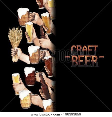 Watercolor hands, holding different kinds of beer in three types of glasses, bottles, malt bouquets. Hand painted alcoholic beverages. Oktoberfest design