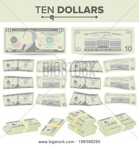 10 Dollars Banknote Vector. Cartoon US Currency. Two Sides Of Ten American Money Bill Isolated Illustration.