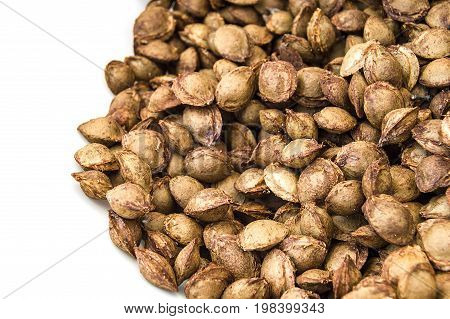 Apricot kernels on white ground, pictures of apricot kernels used in medicine and pill making,