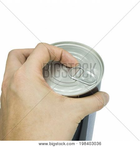 hand open the cover Aluminum canned food on white background.
