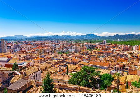 Top Aerial View On Girona, Catalonia, Spain. Scenic And Colorful Ancient Town. Famous Tourist Resort