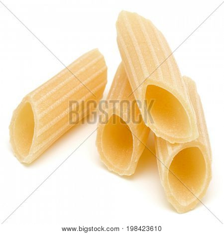 Italian pasta isolated on white background. Pennoni. Penne rigate.