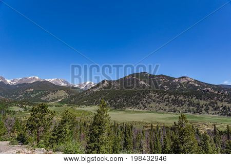 Trail Ridge Road is the name for a stretch of U.S. Highway 34 that traverses Rocky Mountain National Park from Estes Park Colorado in the east to Grand Lake Colorado in the west offering stunning mountain views.