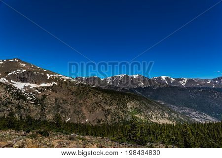 Trail Ridge Road is the name for a stretch of U.S. Highway 34 that traverses Rocky Mountain National Park from Estes Park Colorado in the east to Grand Lake Colorado in the west offering stunning mountain views.