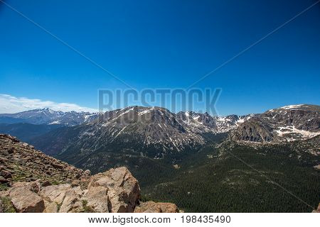 Trail Ridge Road is the name for a stretch of U.S. Highway 34 that traverses Rocky Mountain National Park from Estes Park Colorado in the east to Grand Lake Colorado in the west offering stunning mountain views.