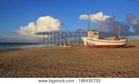 Fishing boat on the shore of the Jammerbugten Denmark.