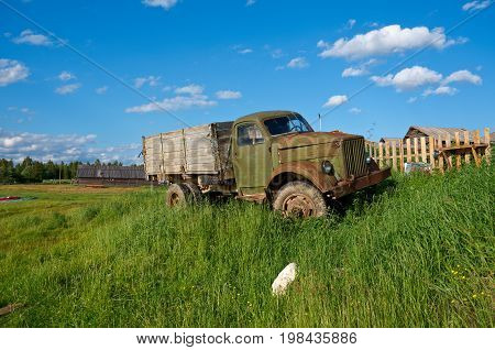 Old Soviet truck . North Russian village. Kenozerye. Arkhangelsk region Russia