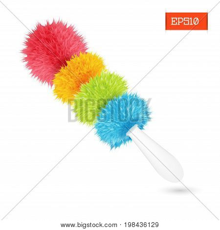 Realistic multicolored fluffy duster brush on white background isolated. Vector illustration.