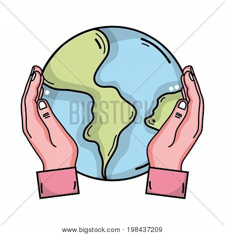 hands with global earth planet and geography ubication vector illustration