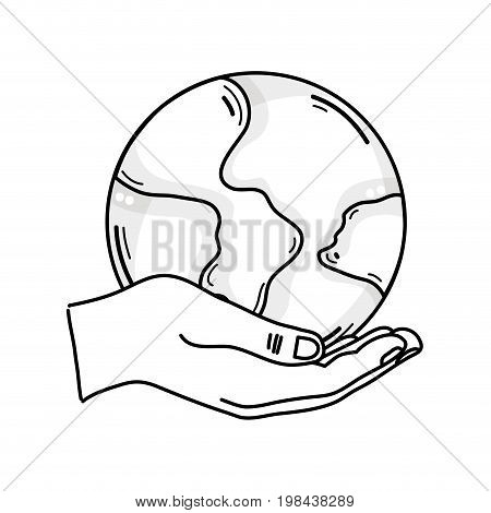 line hand with global earth planet and geography ubication vector illustration