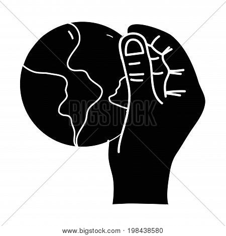 contour hand with global earth planet and geography ubication vector illustration