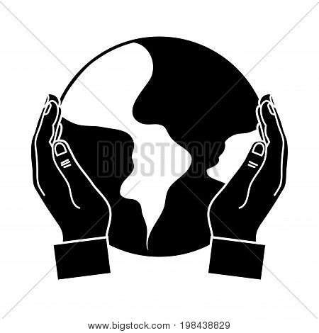 contour hands with global earth planet and geography ubication vector illustration