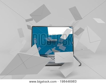 3D Laptop With Many White Envelopes