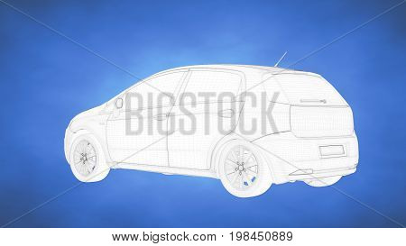 Outlined 3D Rendering Of A Car Inside A Blue Studio