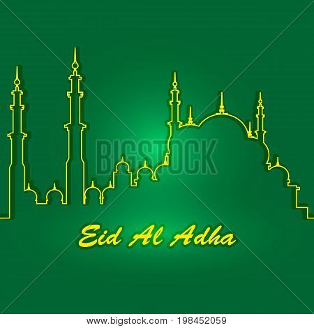 Eid Al Adha. Lettering composition of moslim holy month with mosque building