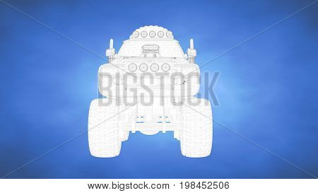 Outlined 3D Rendering Of An Auto Mobile Inside A Blue Studio