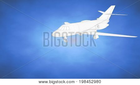 Outlined 3D Rendering Of An Airplane Inside A Blue Studio