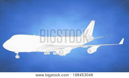 Outlined 3D Rendering Of An Airplane Inside A Blue Studio