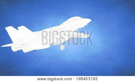 Outlined 3D Rendering Of An Airplane Inside A Blue Studio